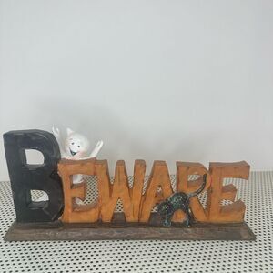 Halloween 'Beware' Sign with Sparkling Ghost and Cat
